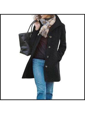 Thicken Single Breasted Pea Coat Stand Collar Mid Long Wool with Pockets